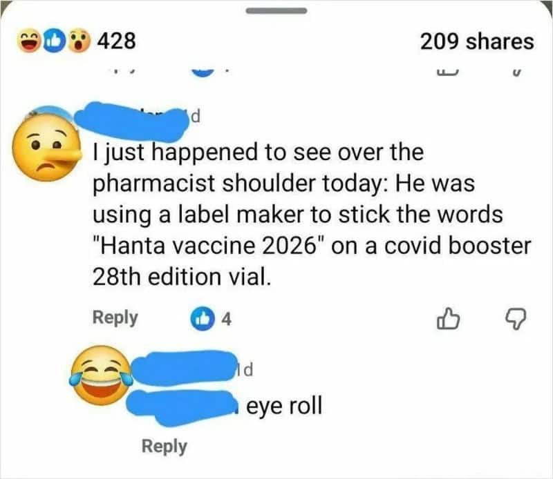 Person shares funny story about pharmacist using label maker for vaccine vial.