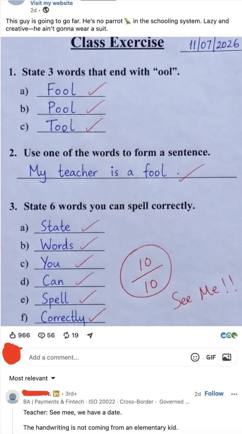 Class exercise with words ending in 'ool' and spelling practice.