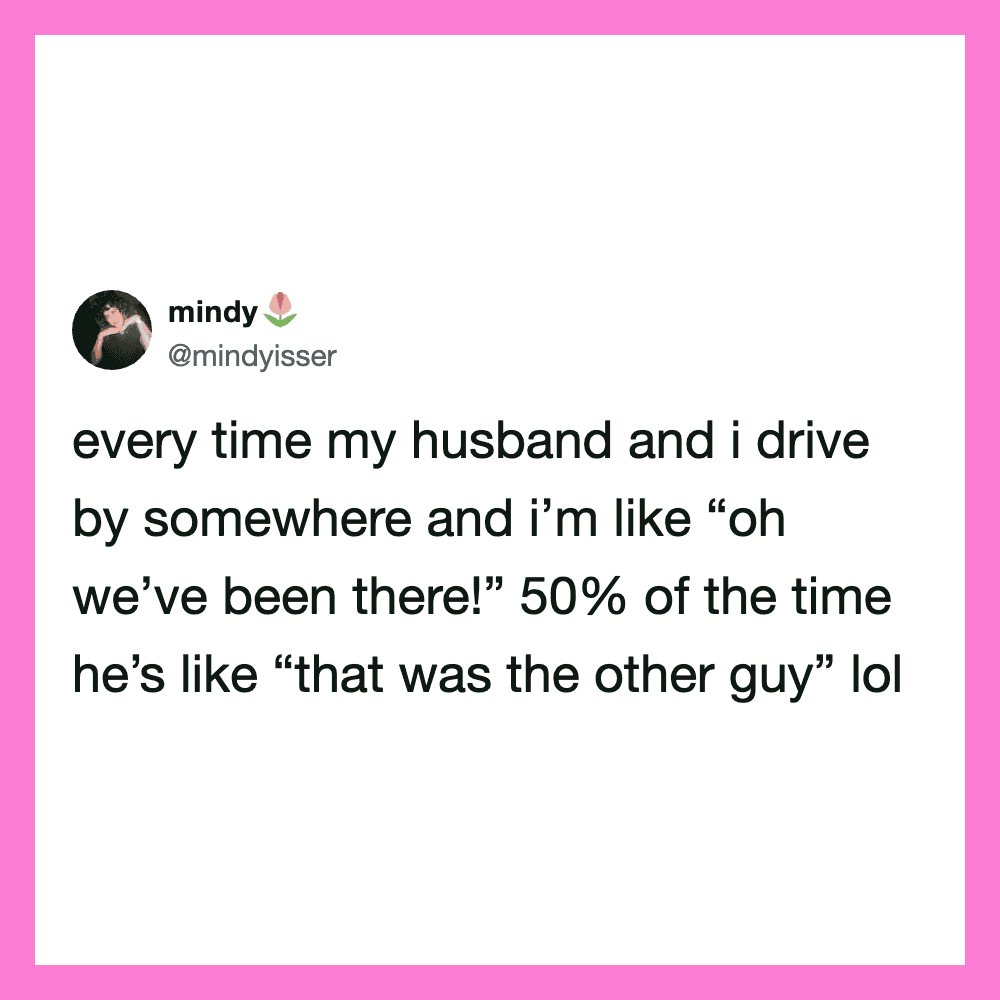 Tweet about husband and wife driving and sharing experiences.