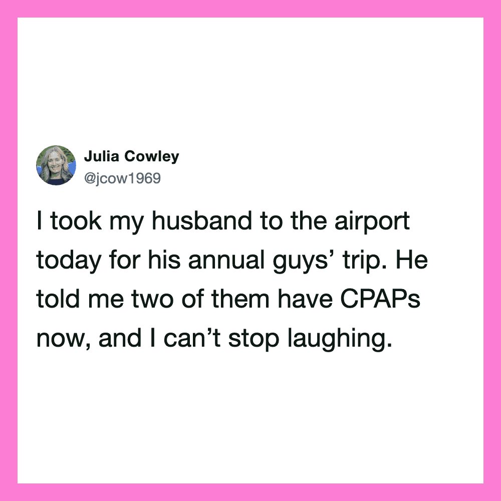 Julia Cowley's tweet about her husband and his CPAP machines at the airport.