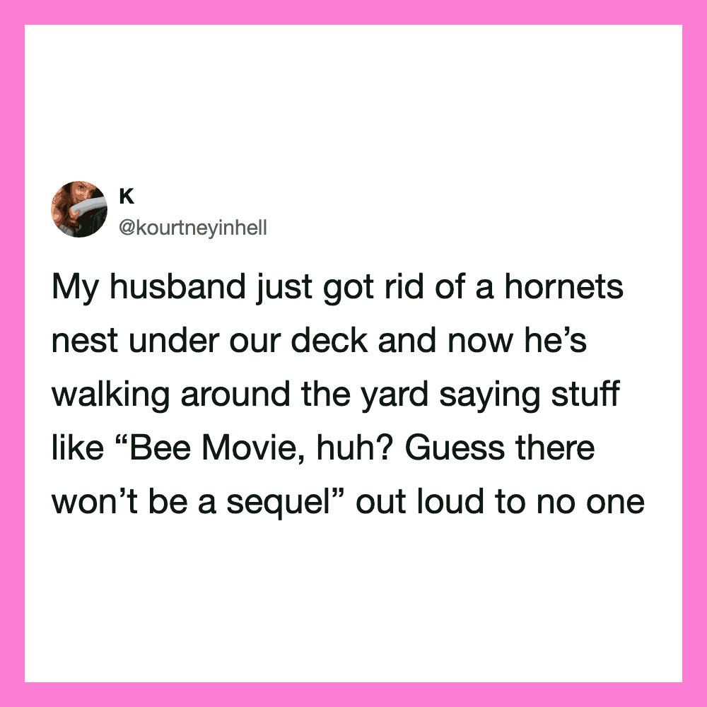 Tweet about husband removing hornets' nest and joking about a Bee Movie sequel.