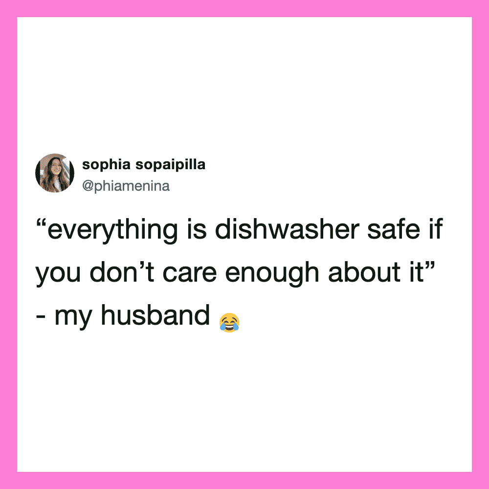 Tweet by sophia sopaipilla about dishwasher safety and her husband.