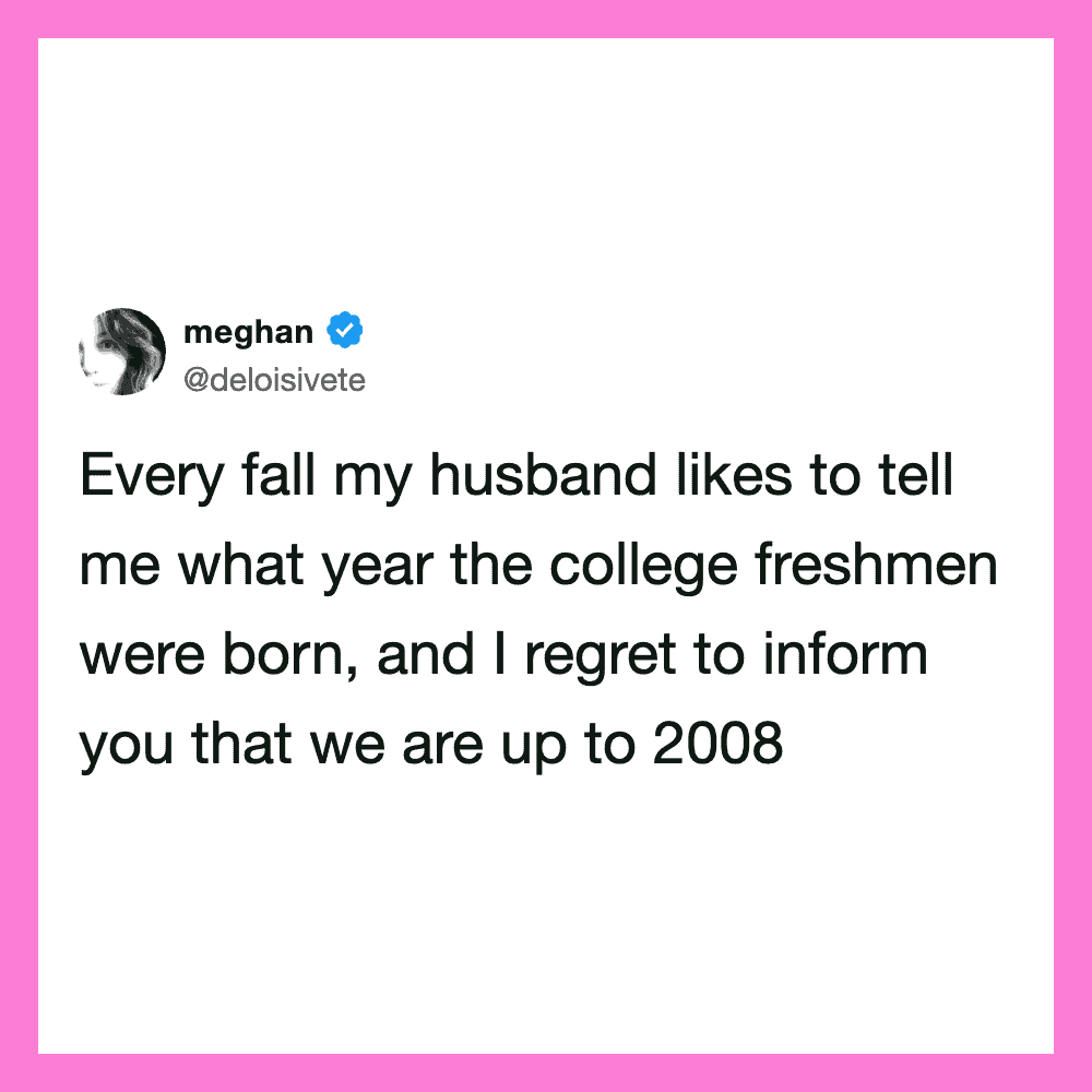 Meghan's tweet about her husband's college freshman year and their current year.
