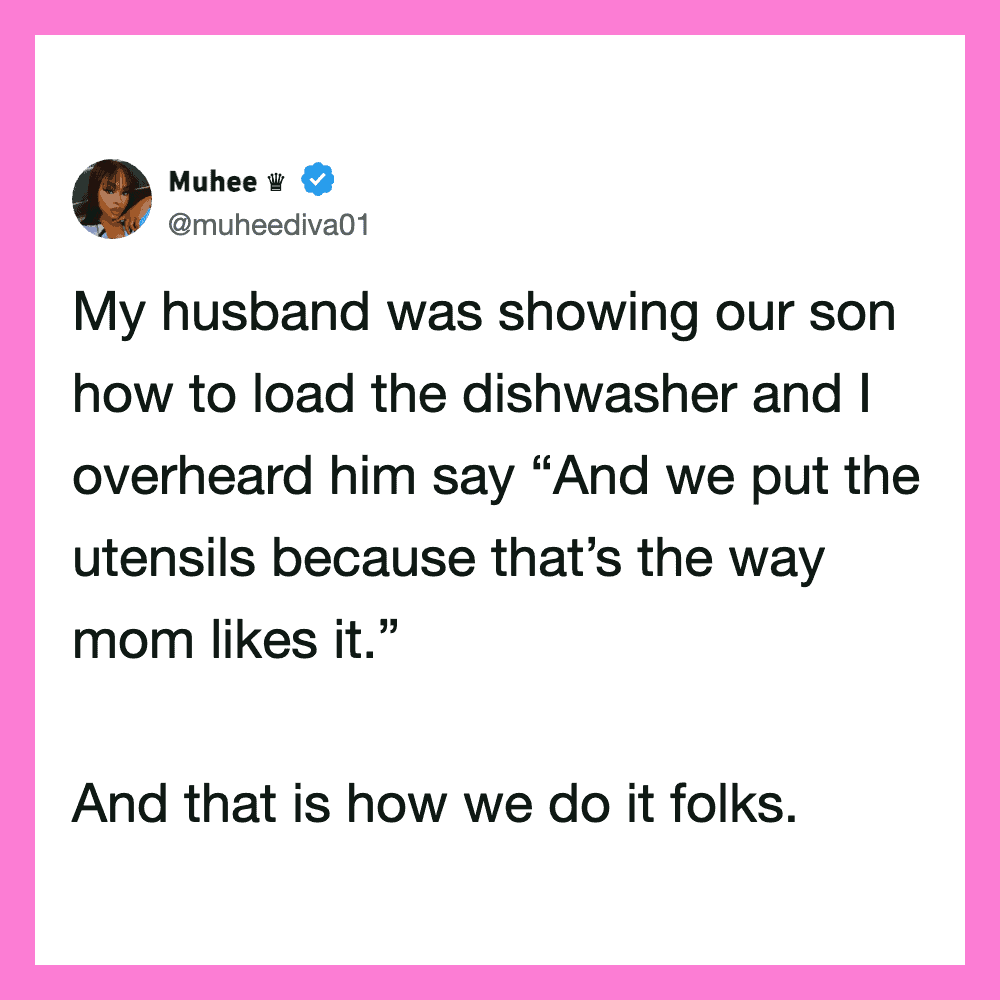 Twitter post by Muhee about her husband showing their son how to load the dishwasher.