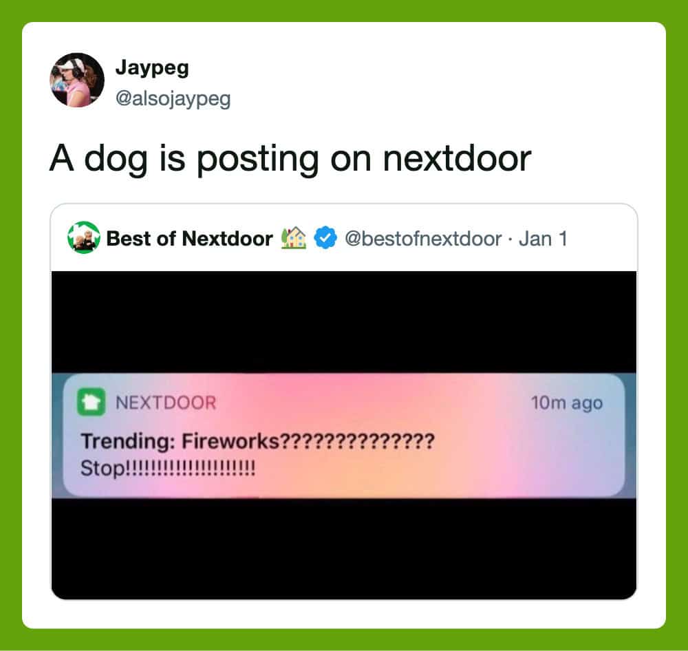 Dog appears to be posting a Nextdoor message about fireworks.