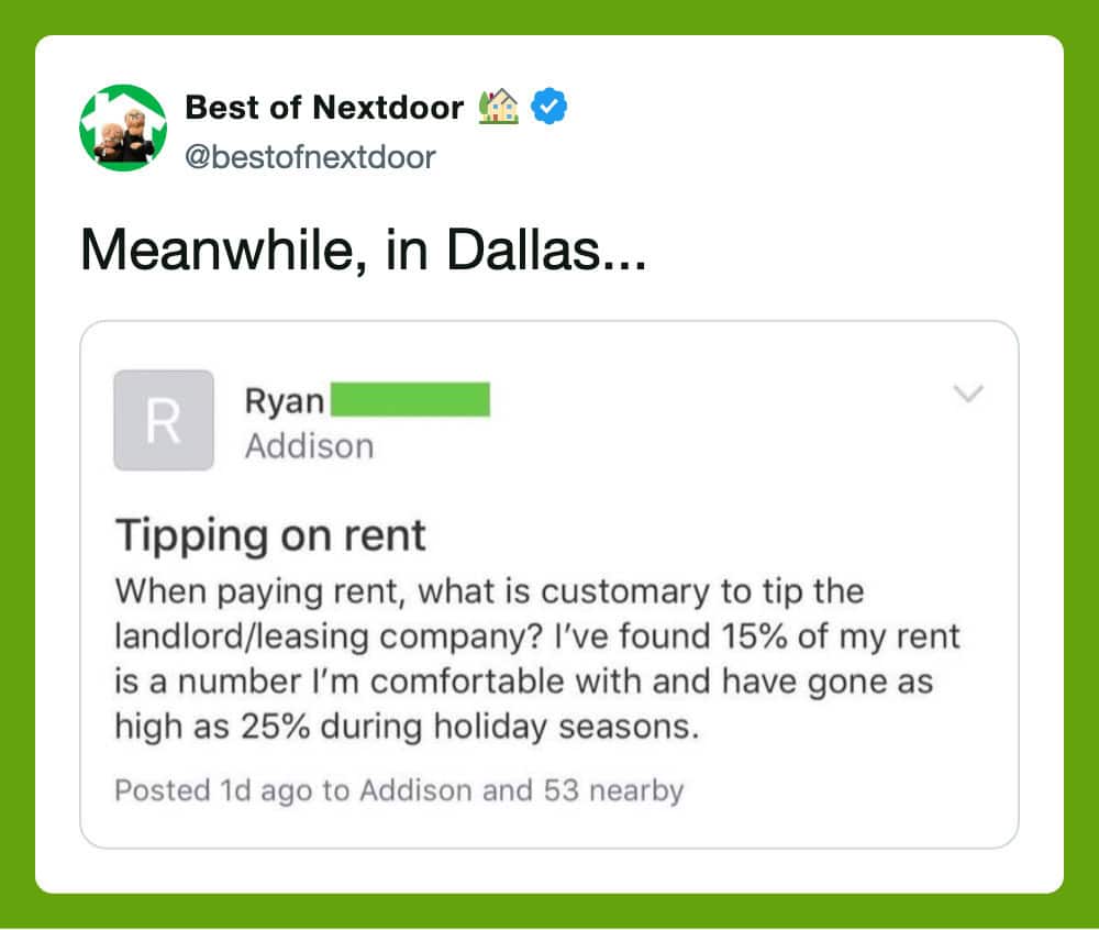 Screenshot of a Nextdoor post about tipping rent landlords in Dallas.