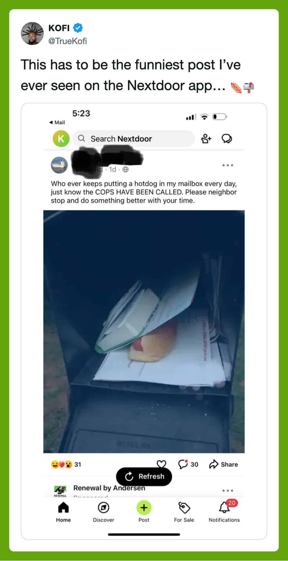 Nextdoor mailbox with a note and a small object inside, humorous post about mailbox.