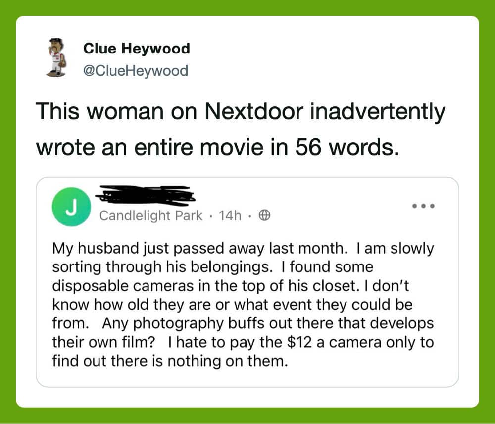 Woman on Nextdoor wrote a 56-word movie about her husband's belongings.