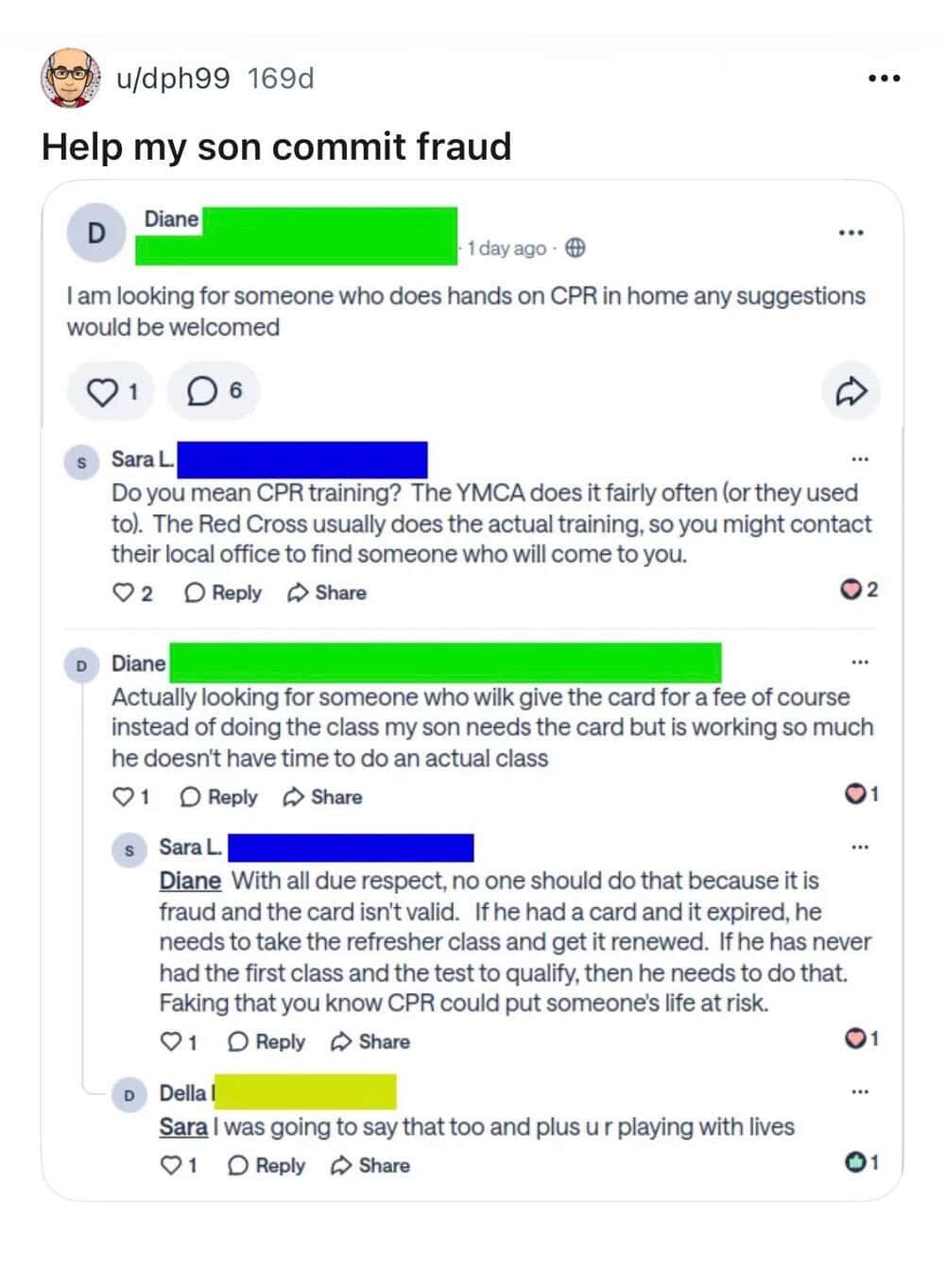 Facebook post about helping son with CPR fraud, discussing CPR training and card validity.