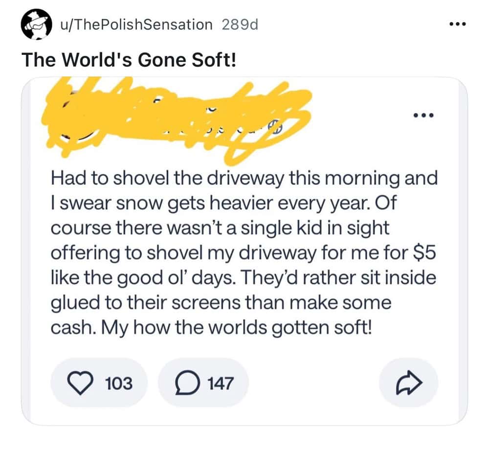 A social media post about shoveling snow for kids, with 103 likes and 147 comments.