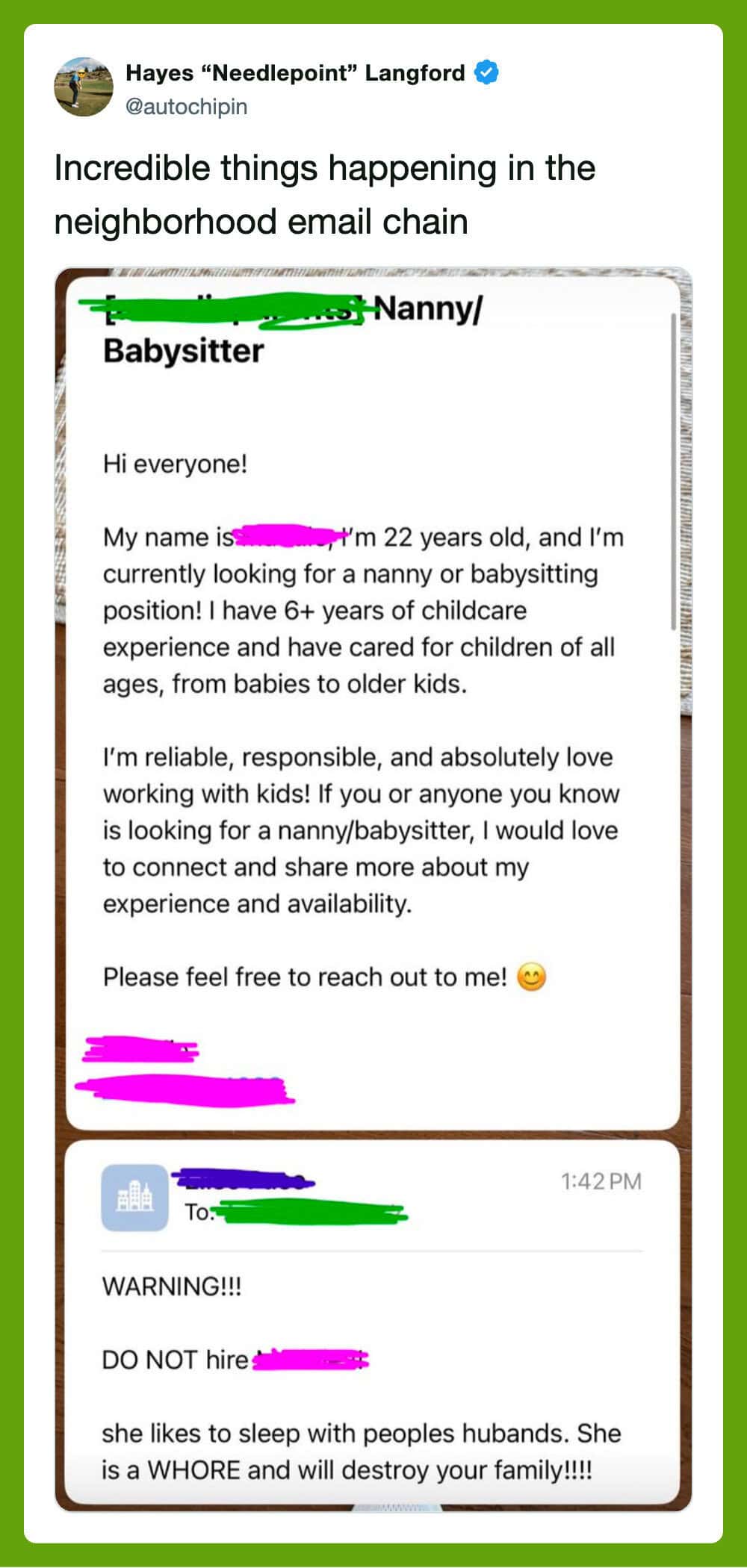 Neighborhood email chain with babysitter warning about a woman who sleeps with husbands.