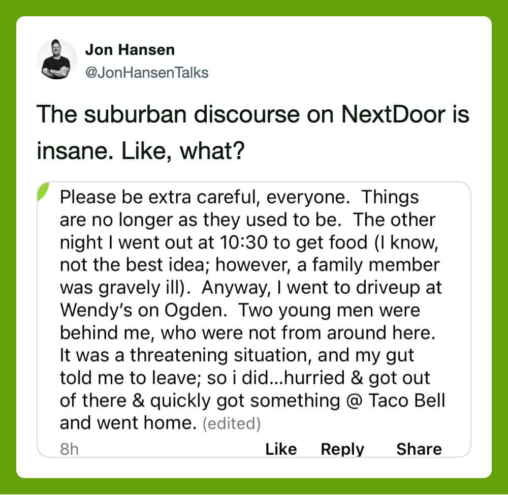 Screenshot of a NextDoor post about a suburban discourse, mentioning a gravelly ill family member, a.