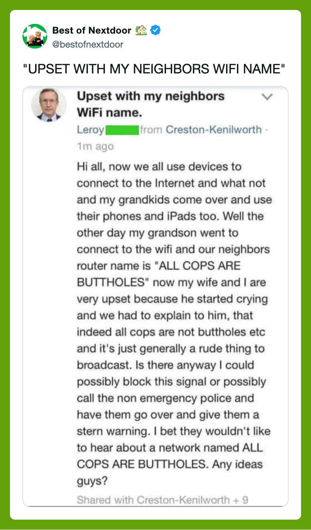 Upset with my neighbors WiFi name meme from Nextdoor app.