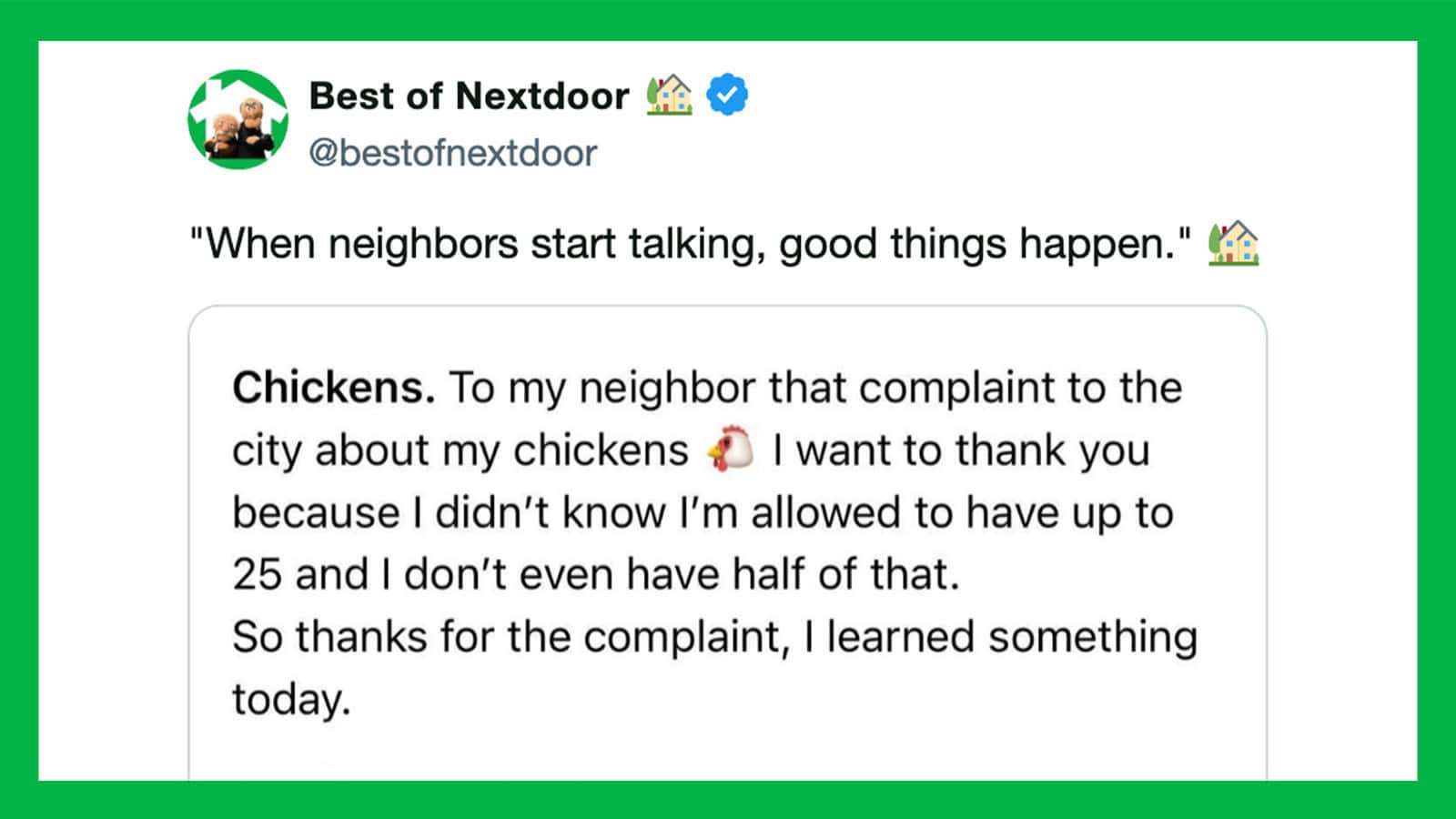 Screenshot of a Nextdoor post about chickens and neighbor complaints.