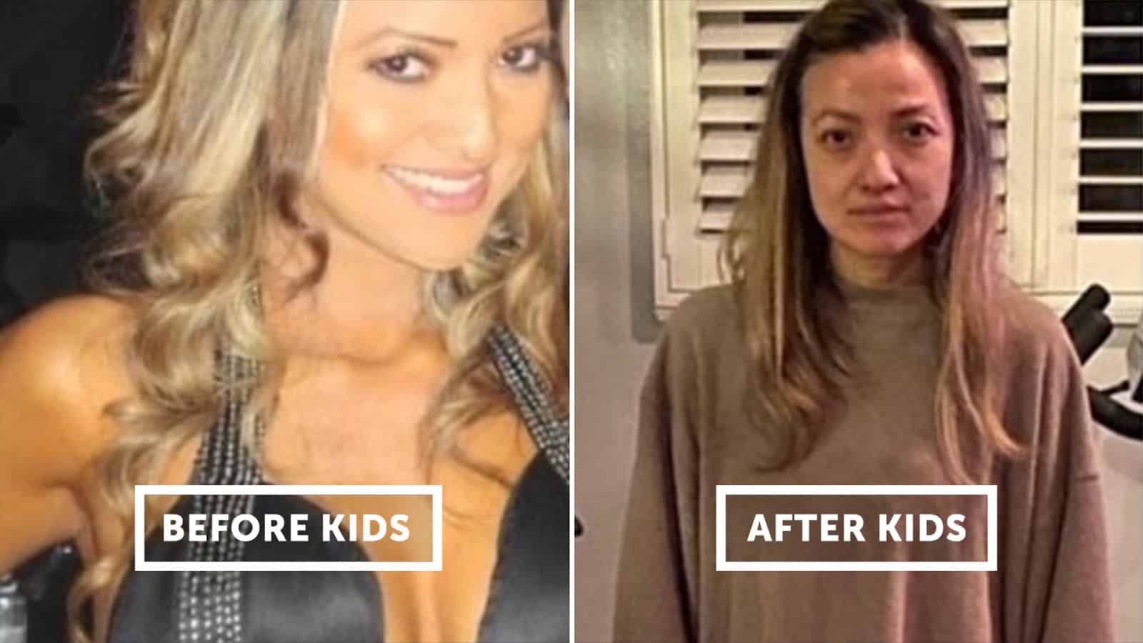 Before and after kids comparison, woman smiling in the first image, tired in the second.