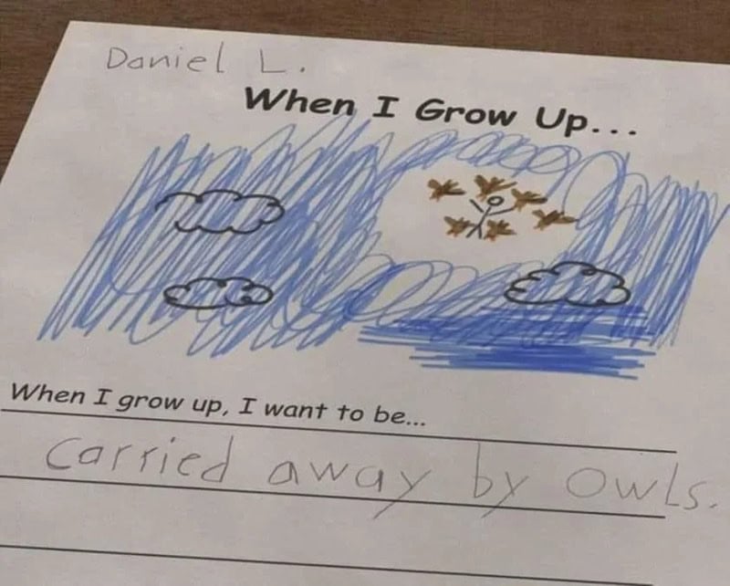 Child's drawing with clouds, owls, and a sun, with a handwritten message about growing up.