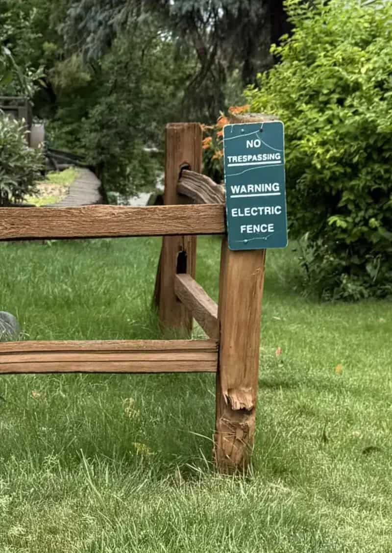No trespassing warning sign on a wooden fence in a green yard.
