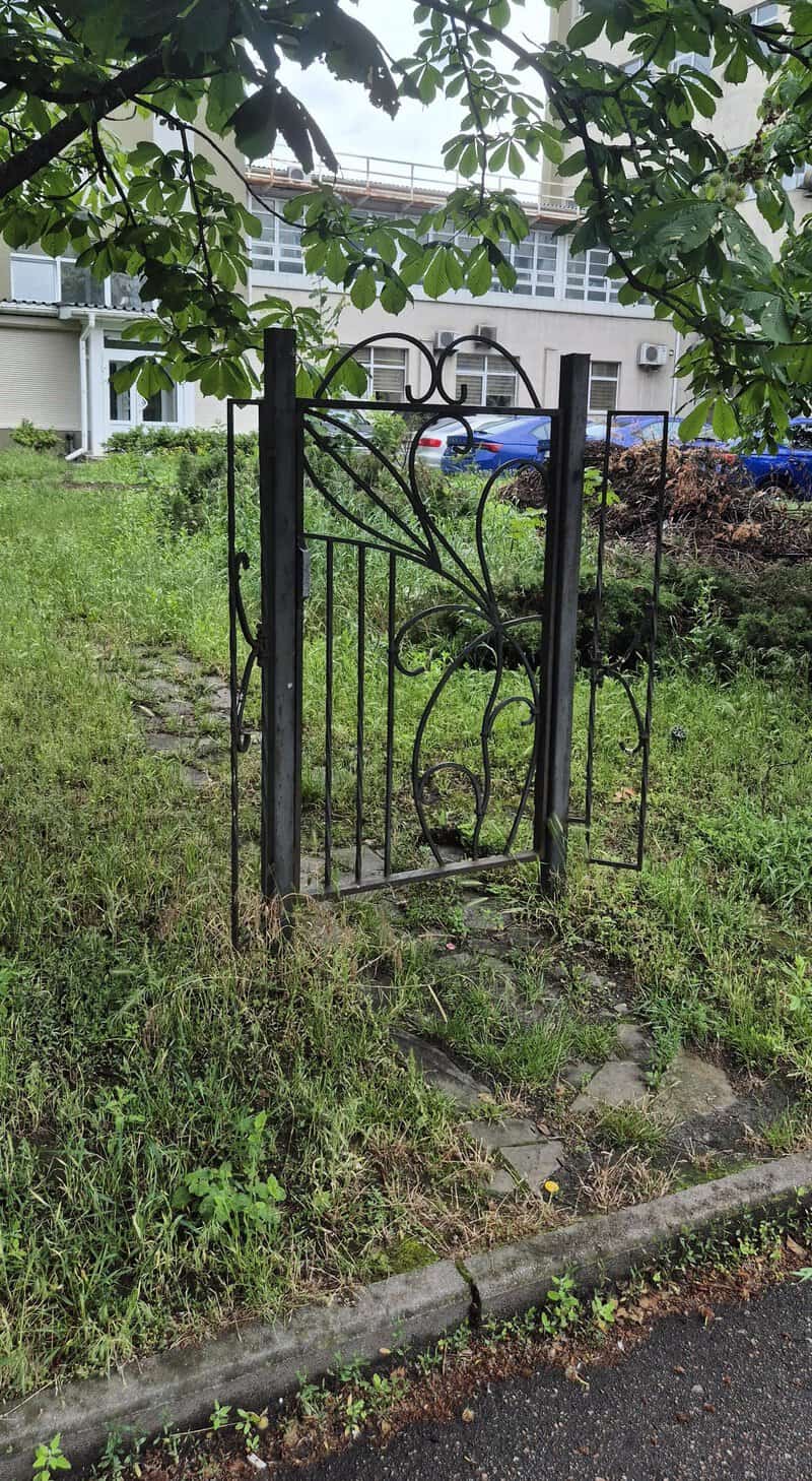 A small black metal gate with decorative swirls, partially open, in a grassy area.
