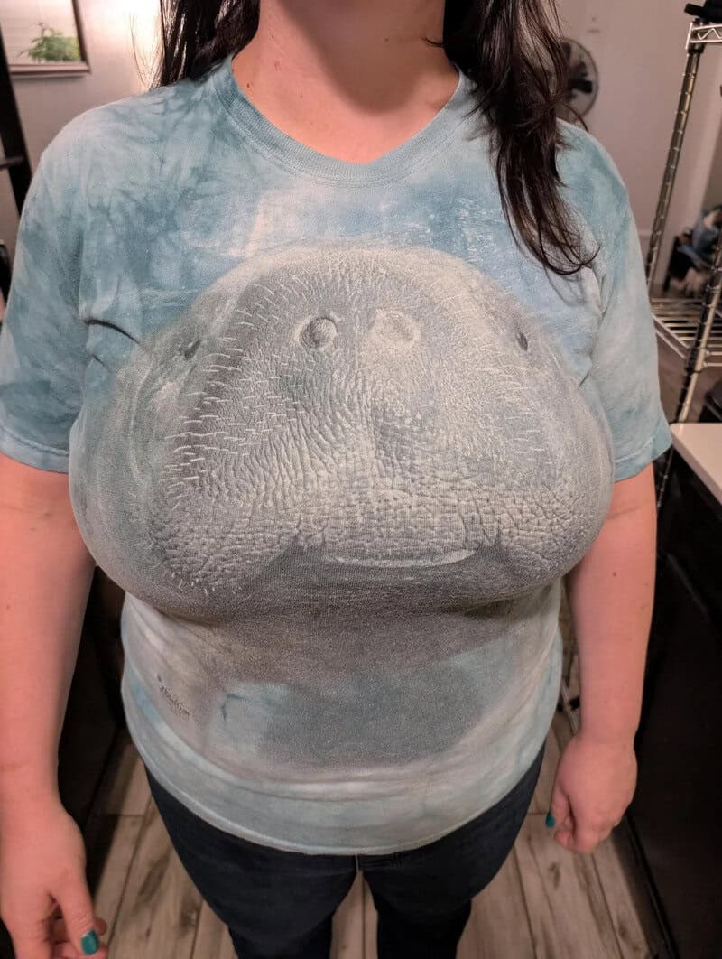 T-shirt with a large dinosaur face print, worn by a woman.