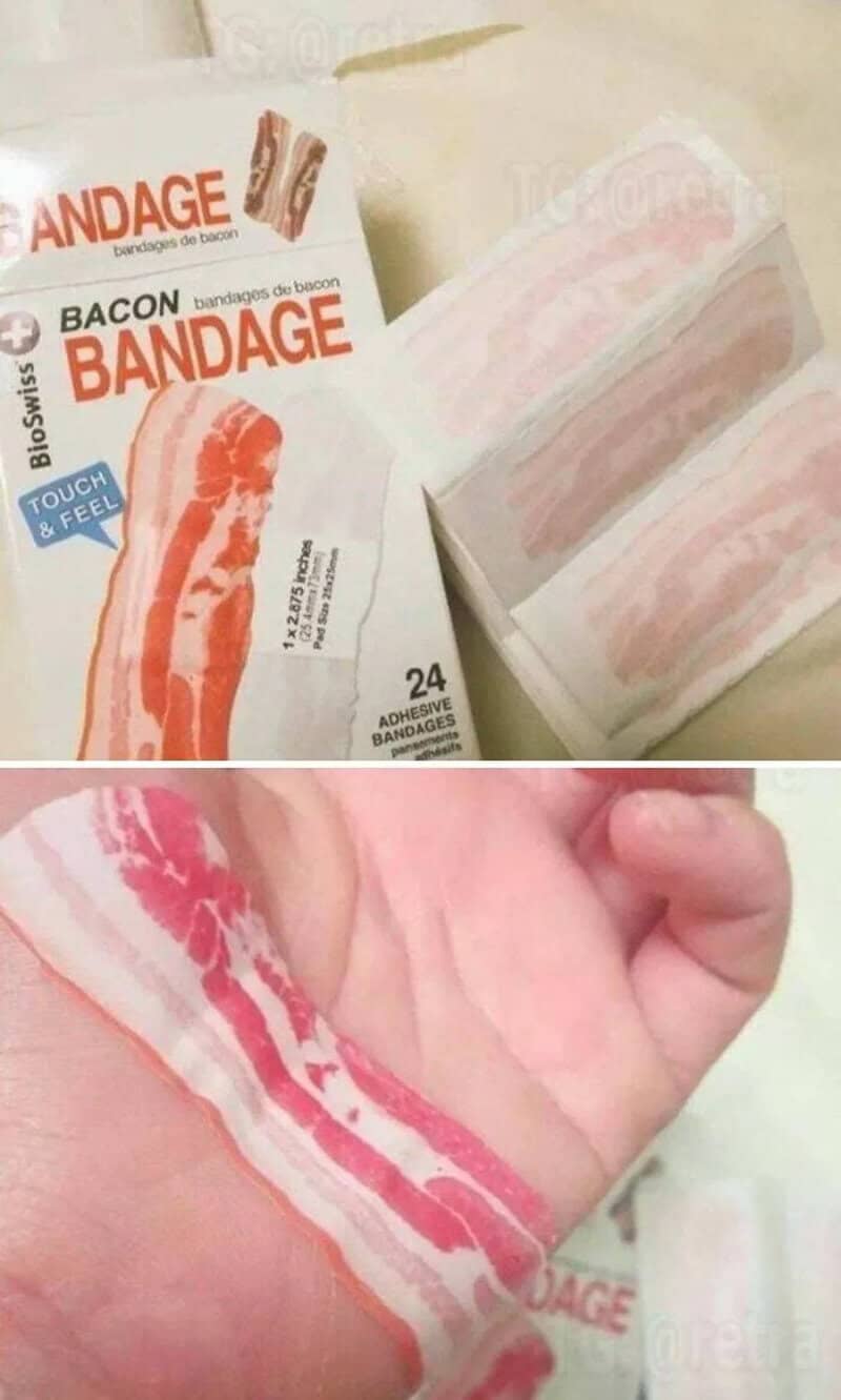 Bacon-shaped adhesive bandages with a person holding one on their finger.
