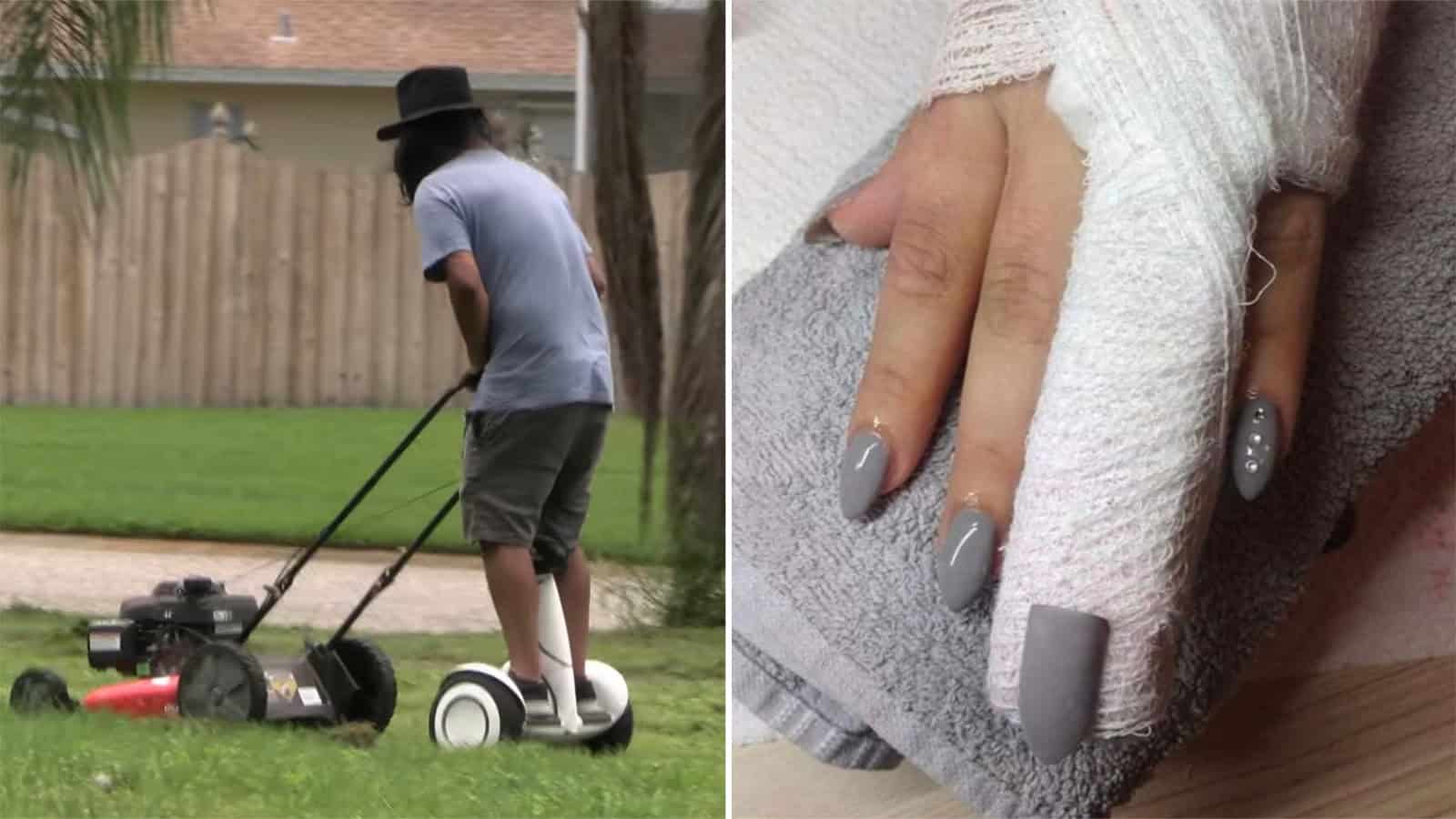 Person mowing lawn with a skateboard and a lawnmower, wearing a hat and shorts.