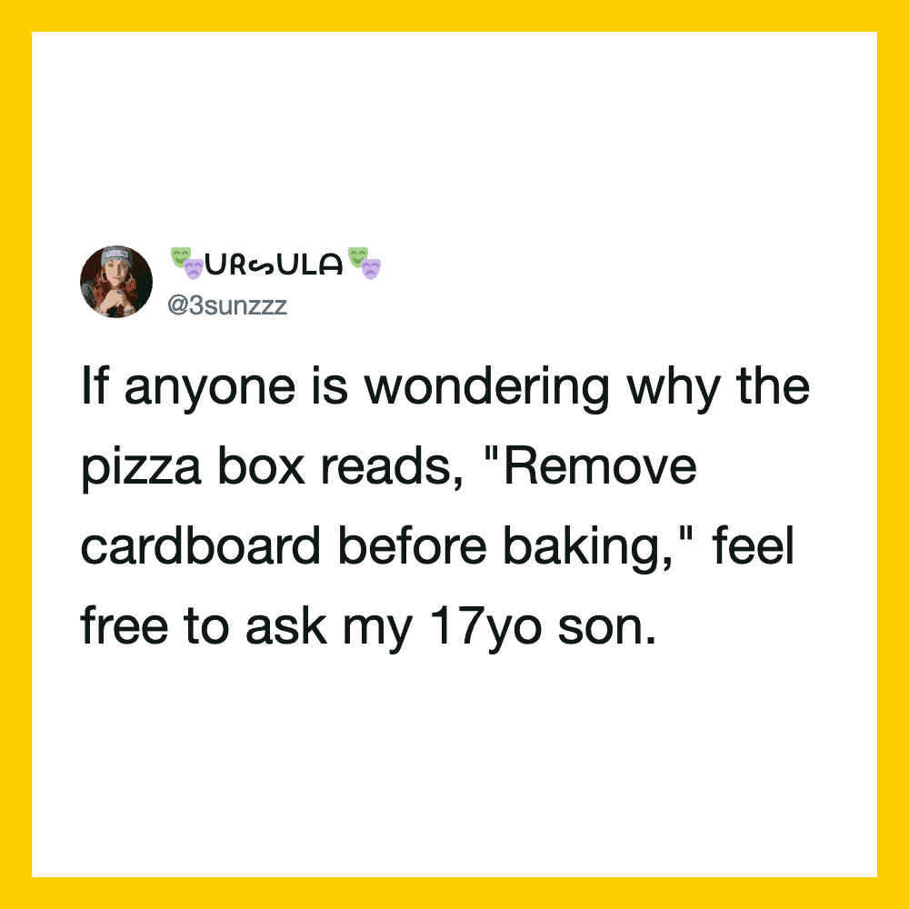 UrsULA's tweet about removing cardboard from pizza boxes before baking.