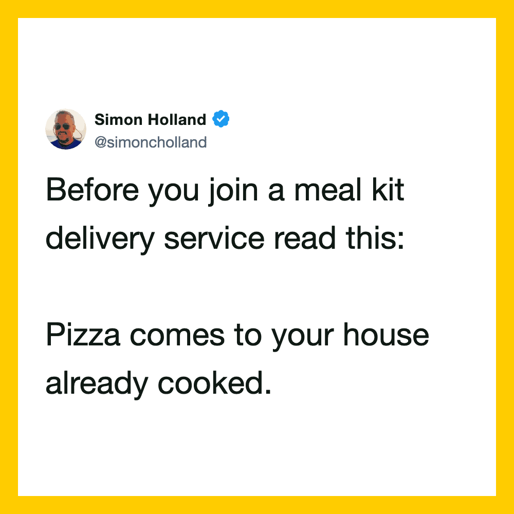 Simon Holland's tweet about pizza delivery, stating pizza comes already cooked.