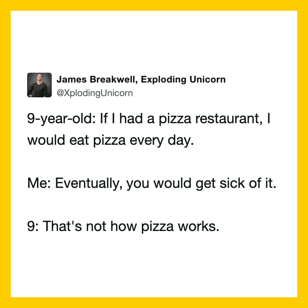 Twitter conversation about a 9-year-old and pizza, with a yellow border.