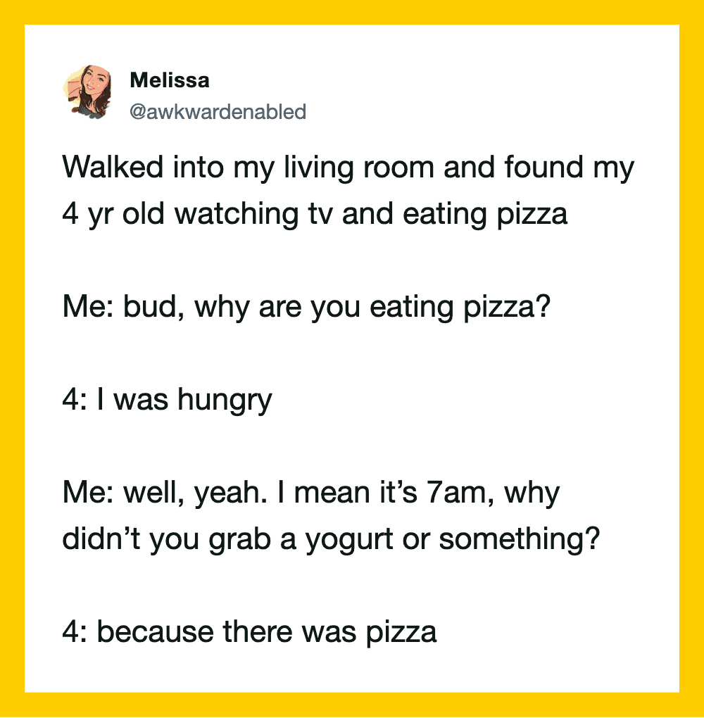 A tweet about a 4-year-old eating pizza and a humorous conversation.