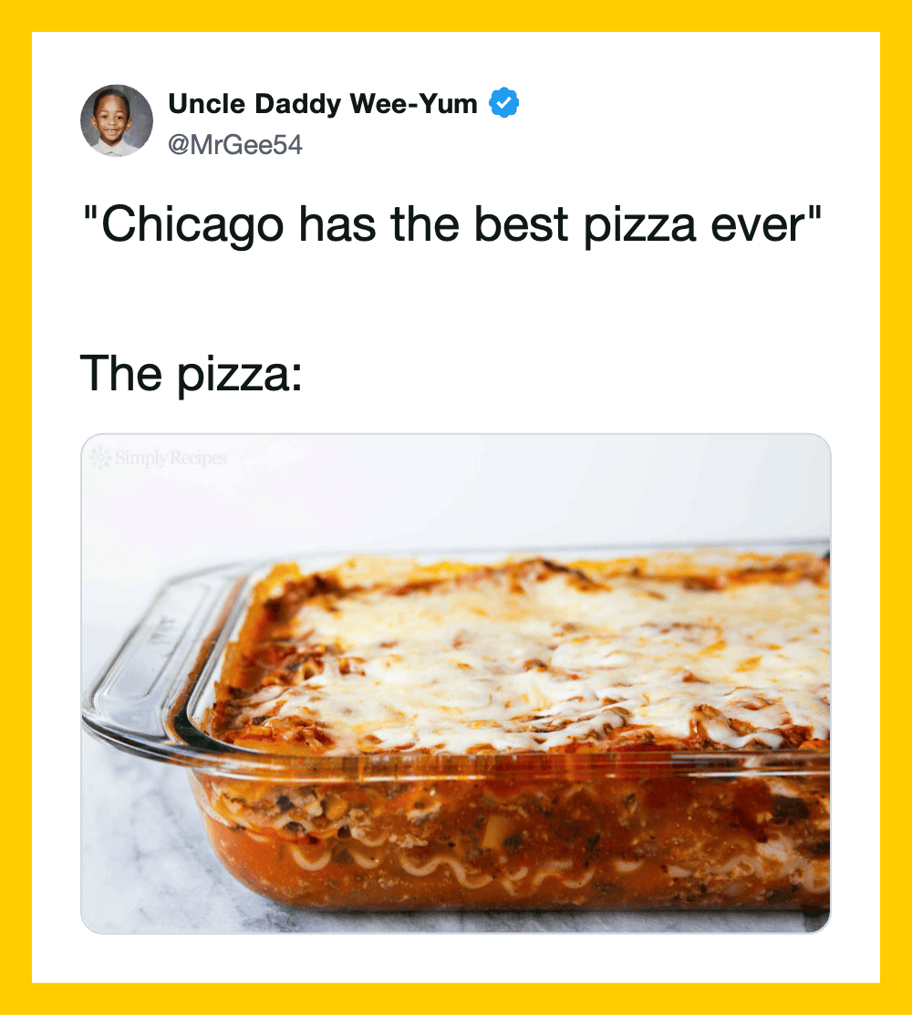 Chicago-style pizza in a glass baking dish with cheese and toppings.