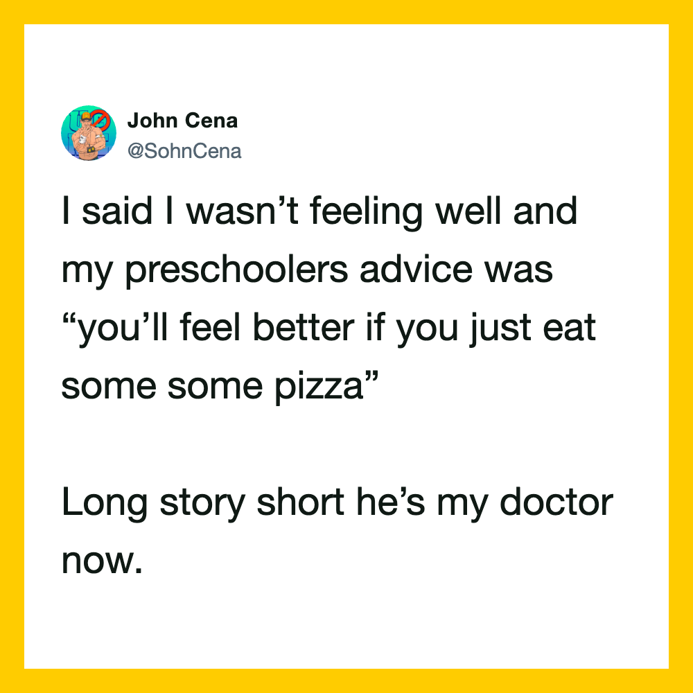 John Cena tweet about feeling unwell and eating pizza for recovery.