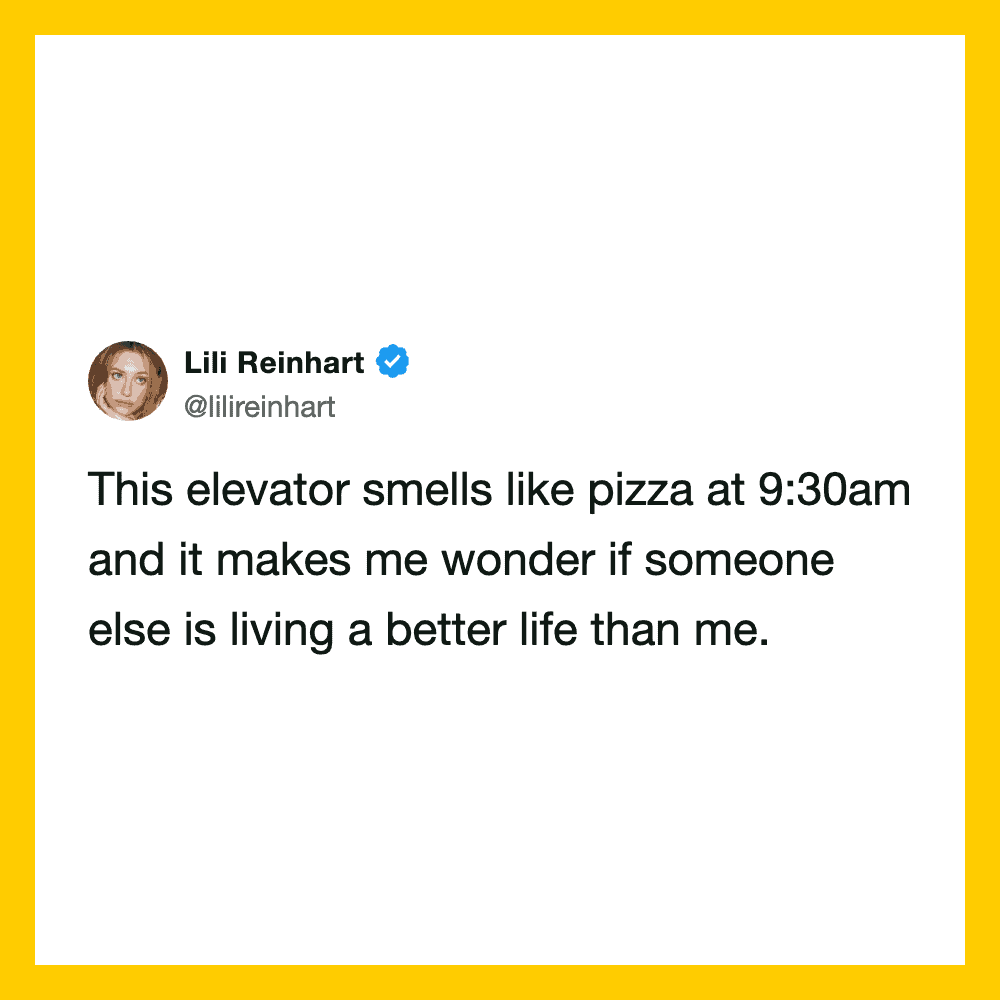 Lili Reinhart's tweet about elevator smelling like pizza at 9:30am.