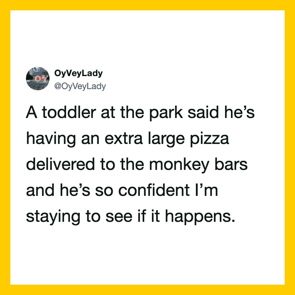 A tweet about a toddler getting an extra large pizza at the park.