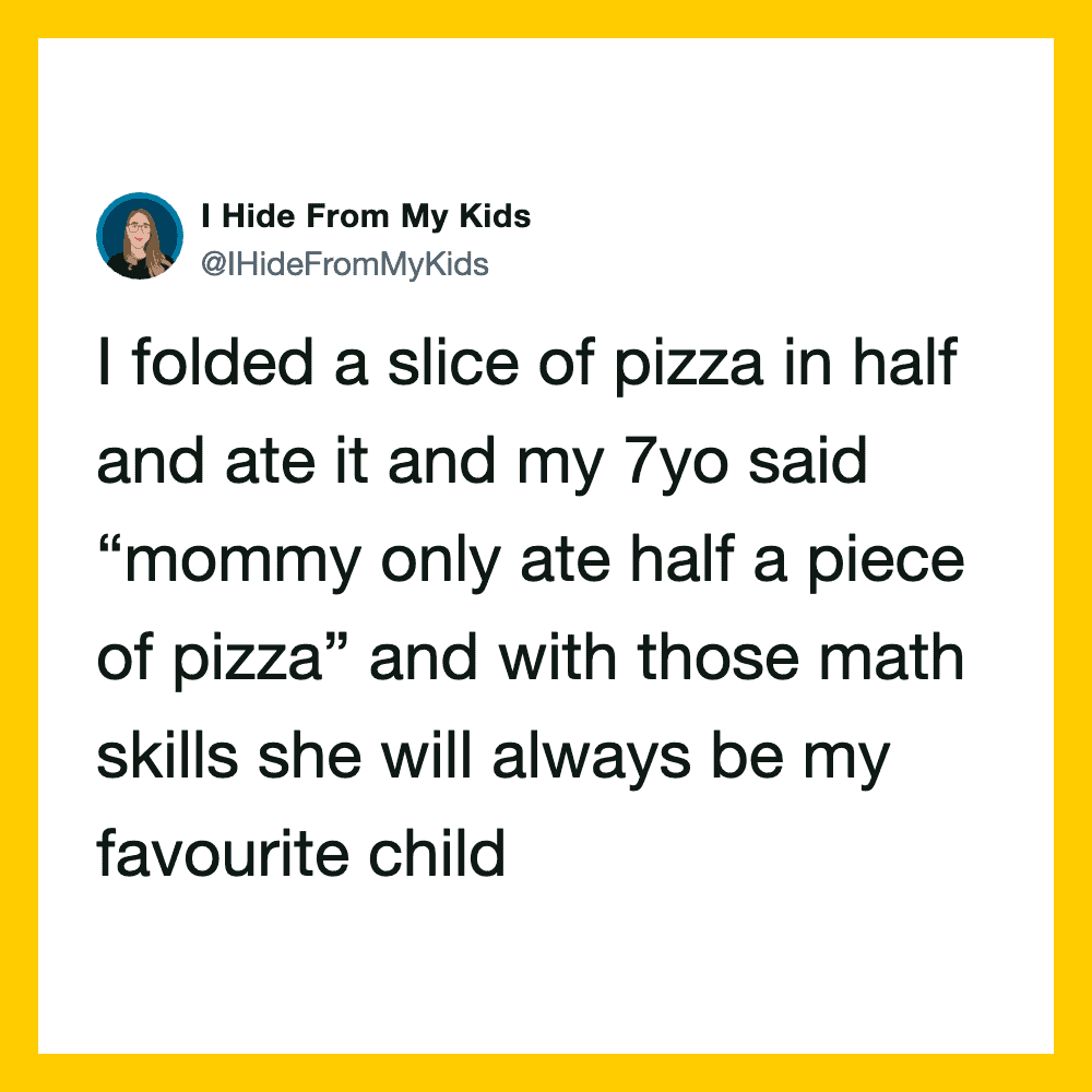 A tweet about a child eating half a slice of pizza and saying mommy only ate half.