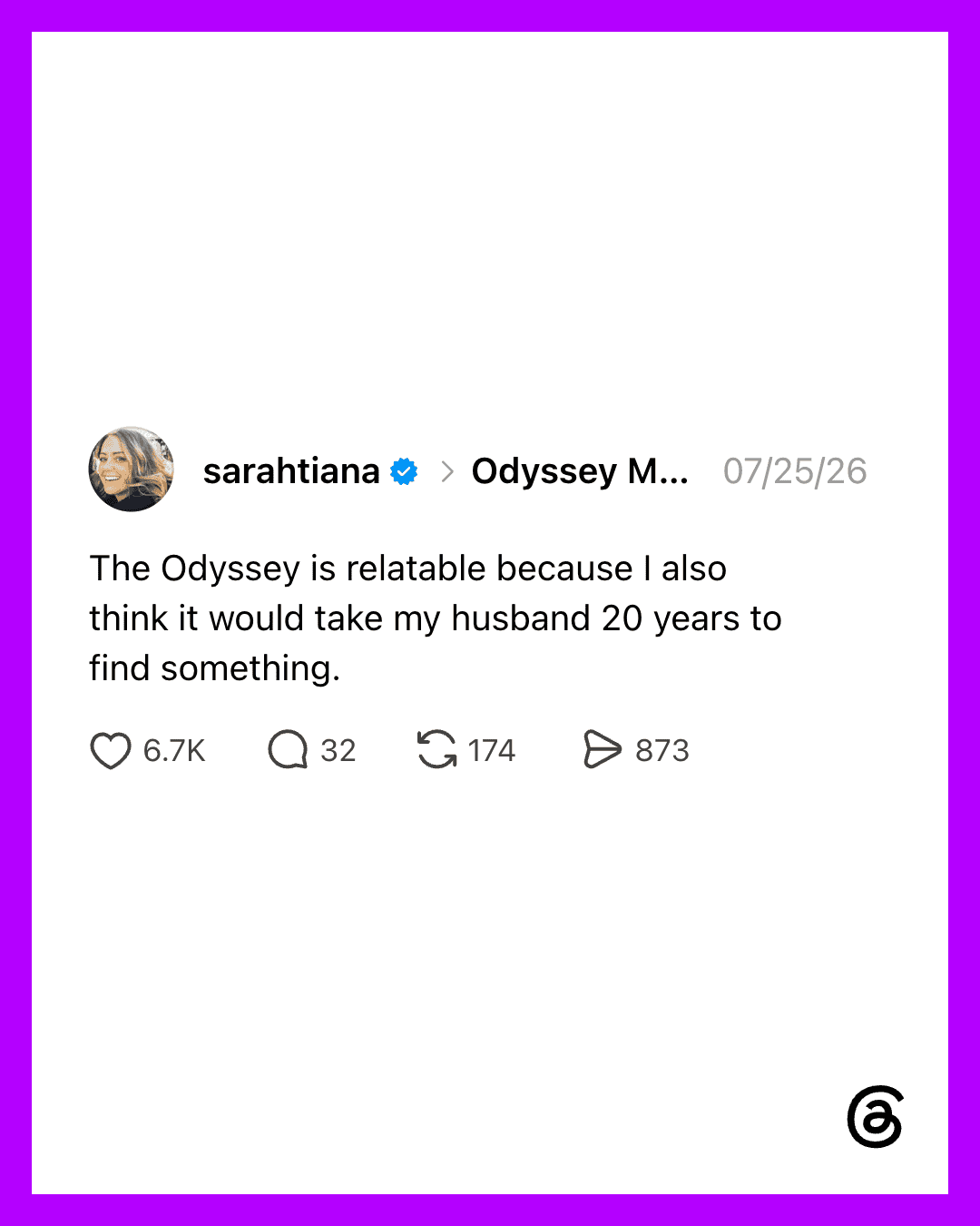 A social media post from sarahitania about The Odyssey and relationships.
