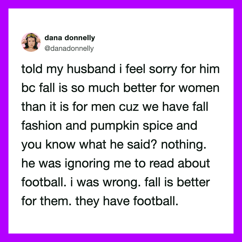 Social media post about fall fashion and football, expressing feelings about gender differences.