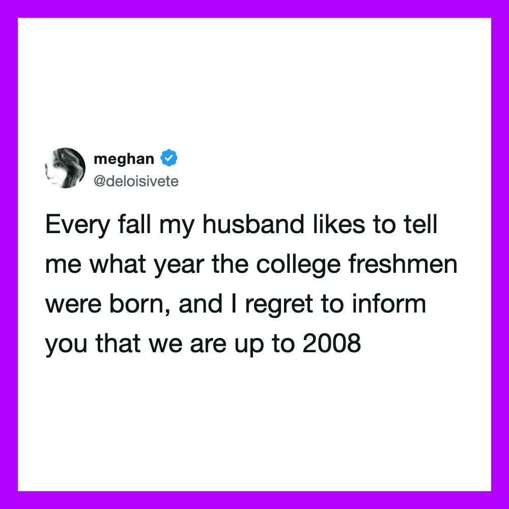 Meghan's tweet about her husband's college freshman birth year and her regret.