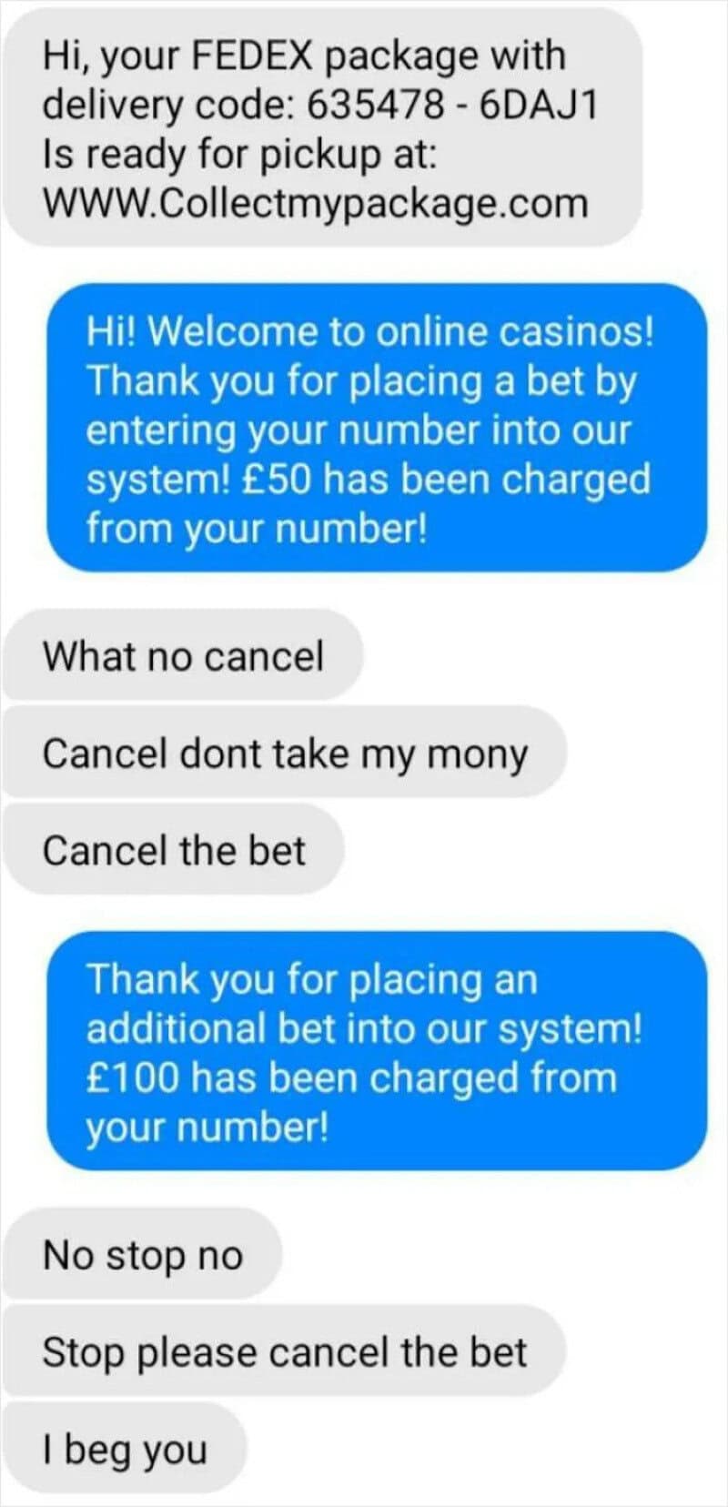 Screenshot of scam messages about package delivery and online betting charges.