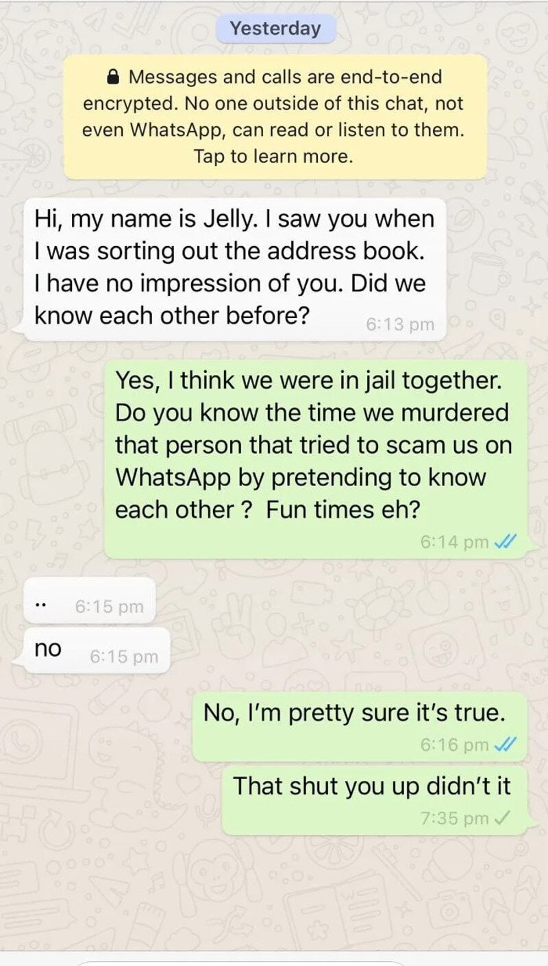 WhatsApp chat about scam messages, jail, and a murder that was faked.