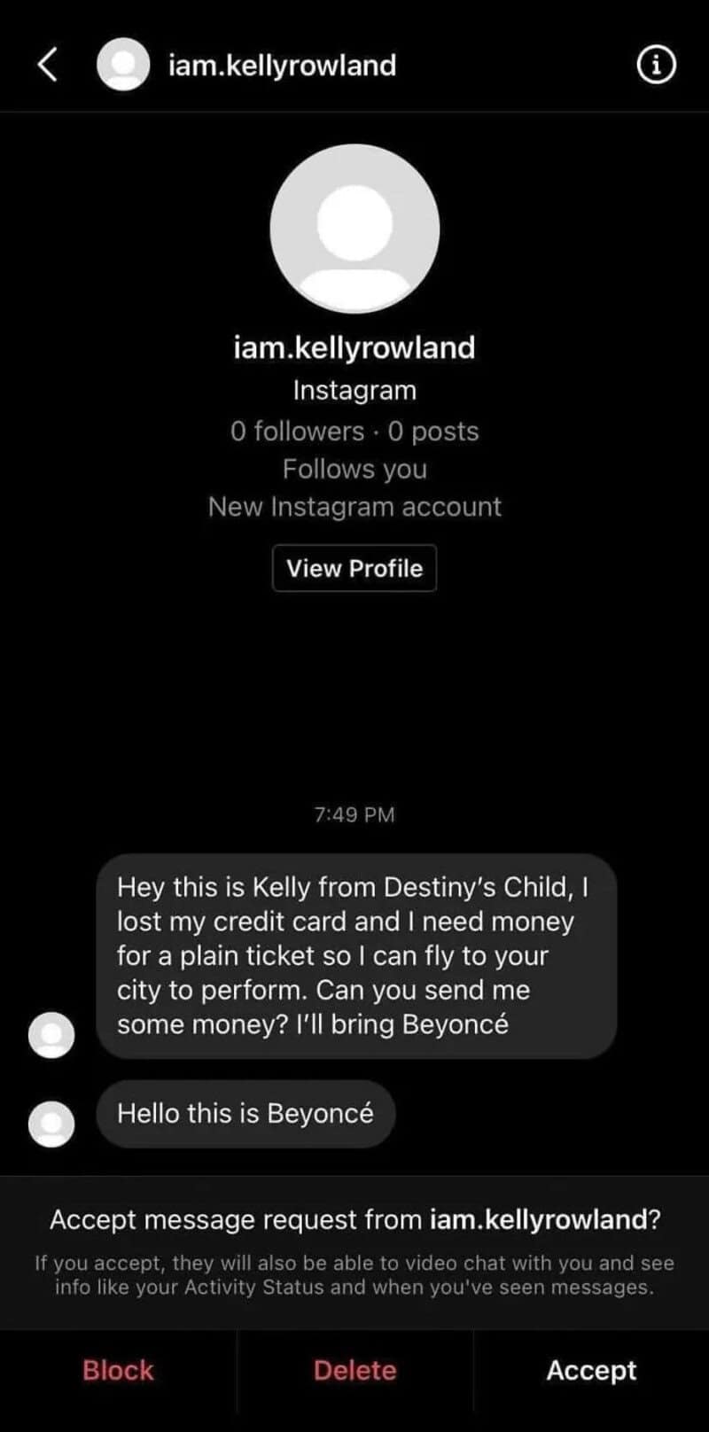 Instagram profile of iam.kellyrowland with no followers or posts.