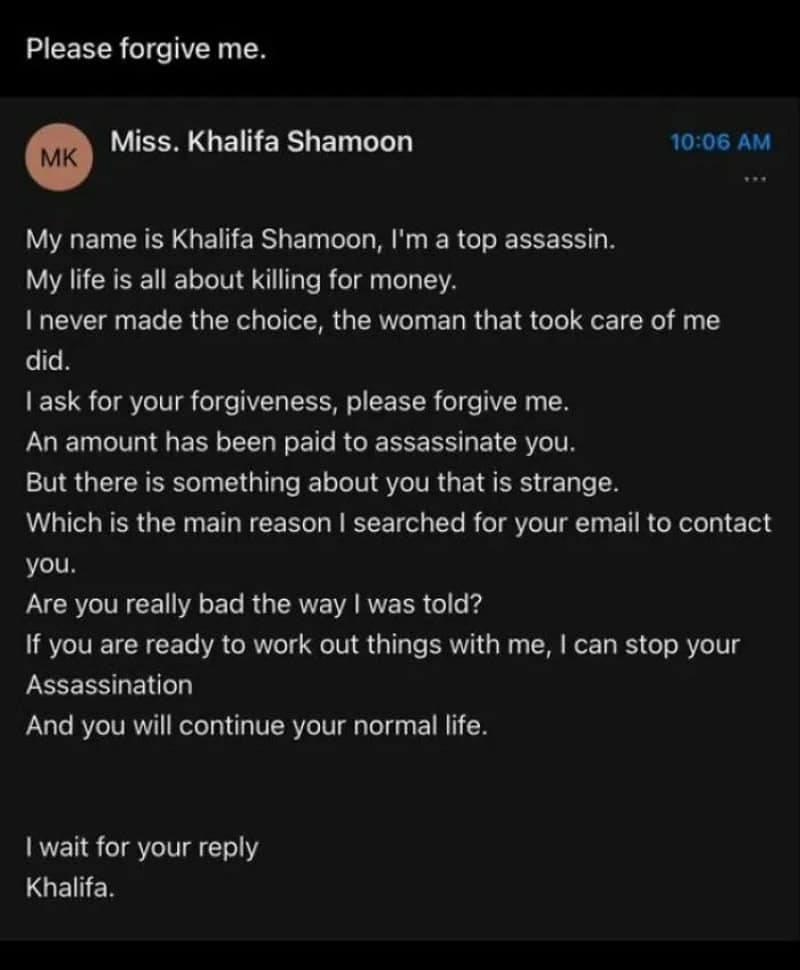Message from Khalifa Shamoon claiming to be a top assassin seeking forgiveness.