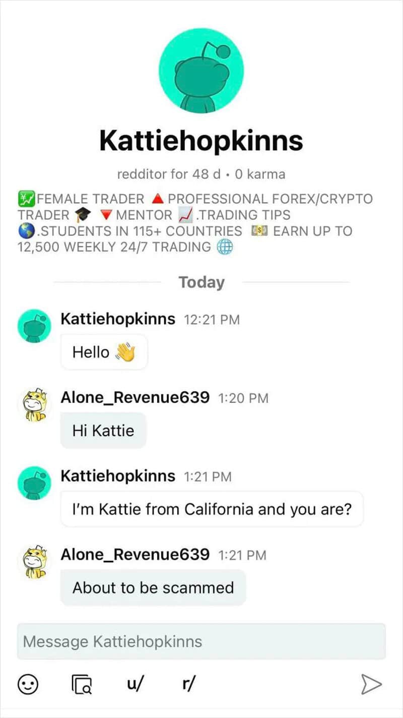 Chat conversation about being scammed, with messages from Kattiehopkins and Alone_Revenue639.