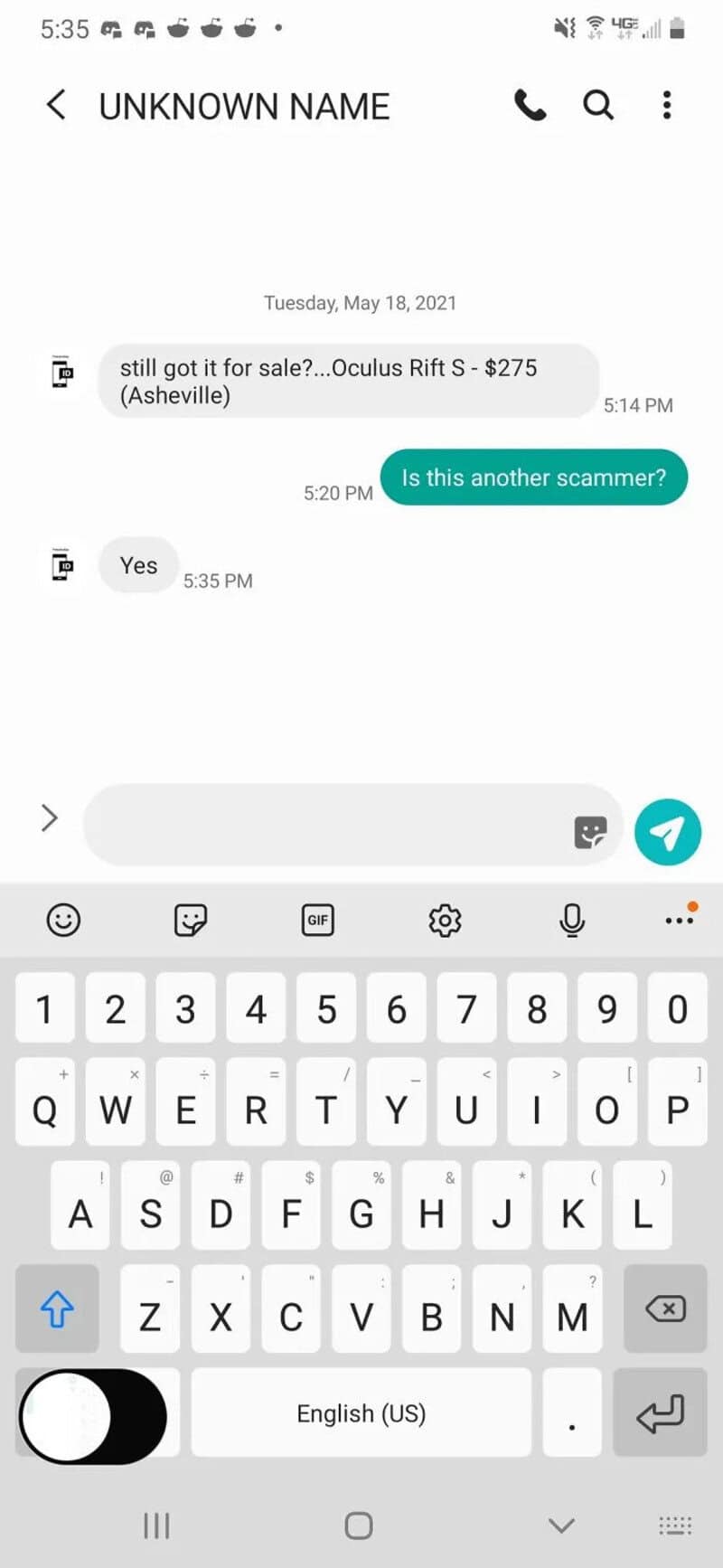 Chat conversation about Oculus Rift S scam, with messages asking if it's another scammer.