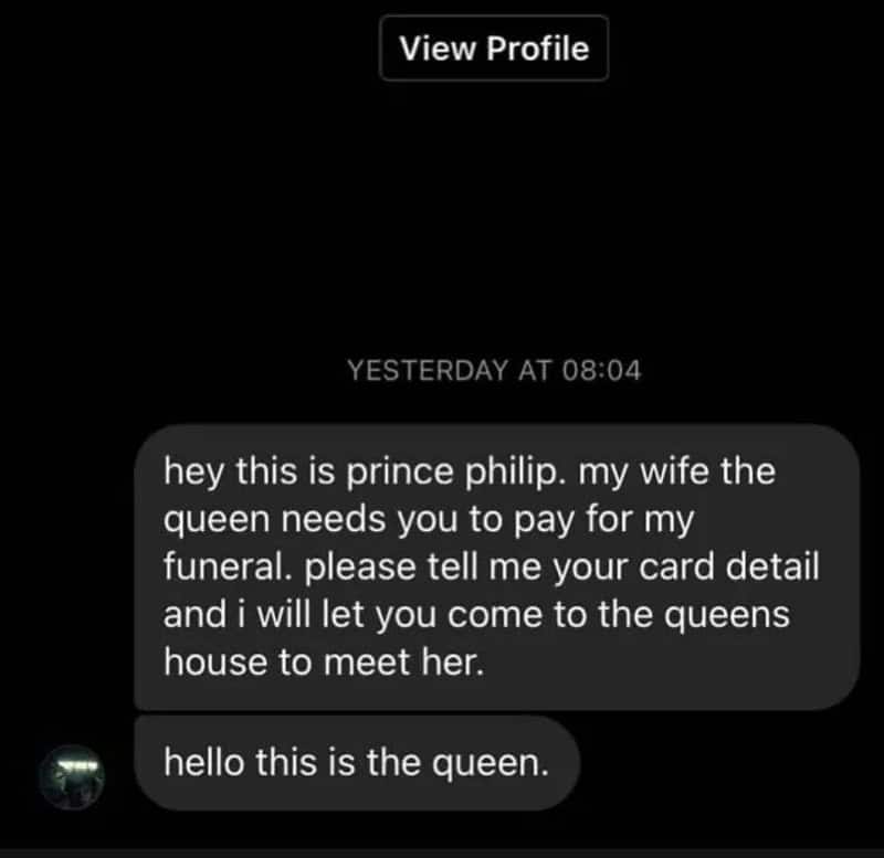 Screenshot of scam message claiming to be from prince philip about funeral payment.