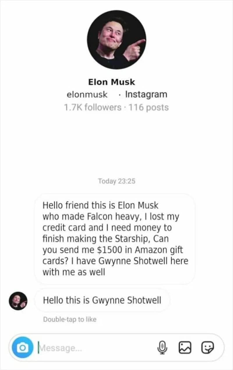 Elon Musk's Instagram profile with a message about a scam involving Amazon gift cards.