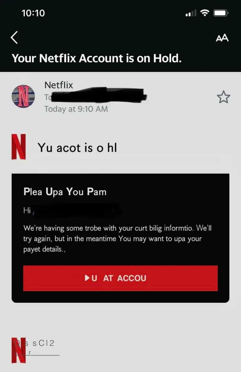 Screenshot of a Netflix scam message claiming account is on hold.