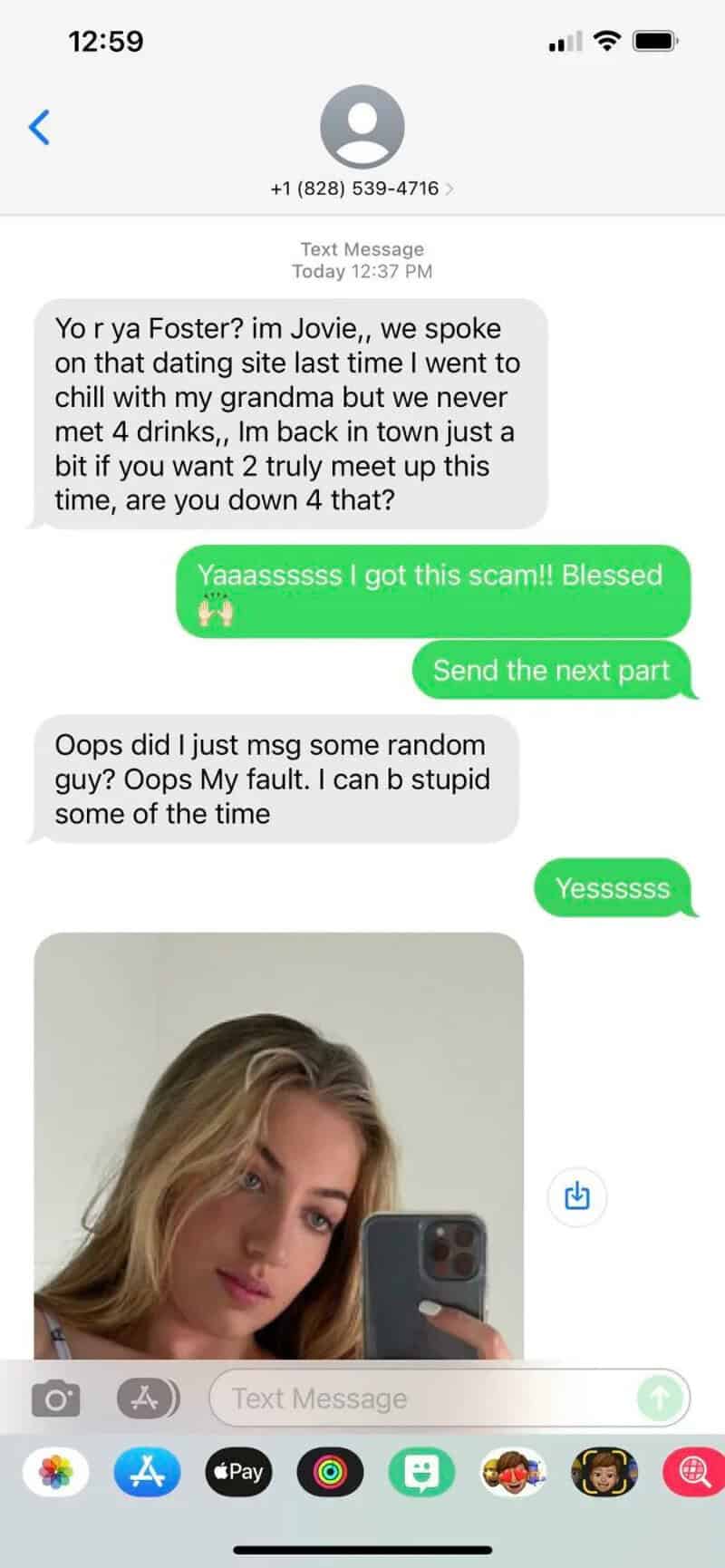 Text message conversation about a scam, includes a selfie of a young woman.