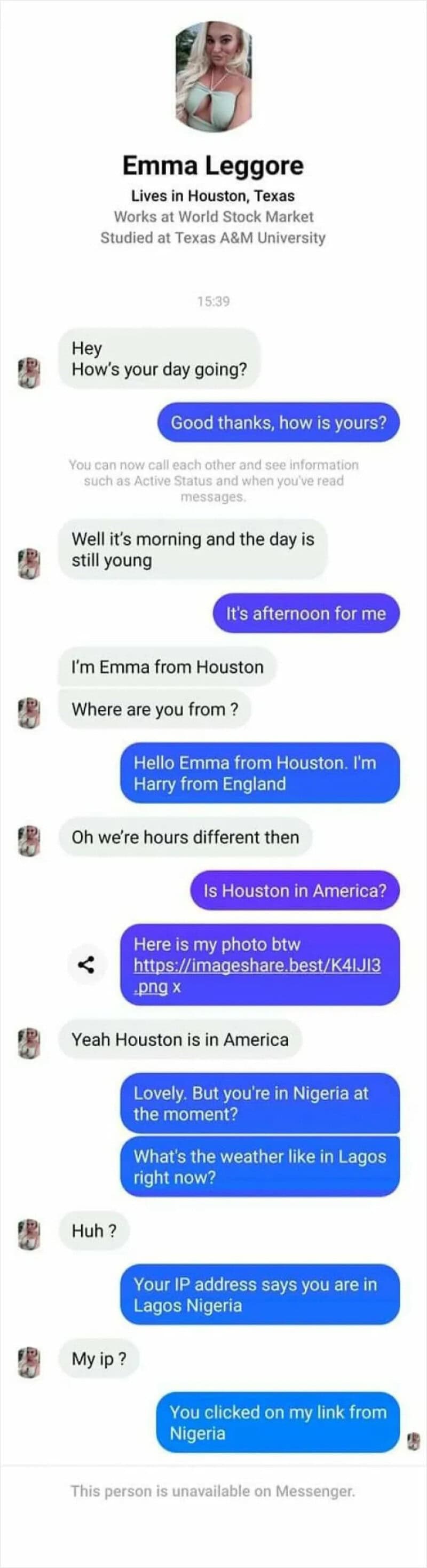 Conversation about Houston, Nigeria, and Lagos in a chat app.