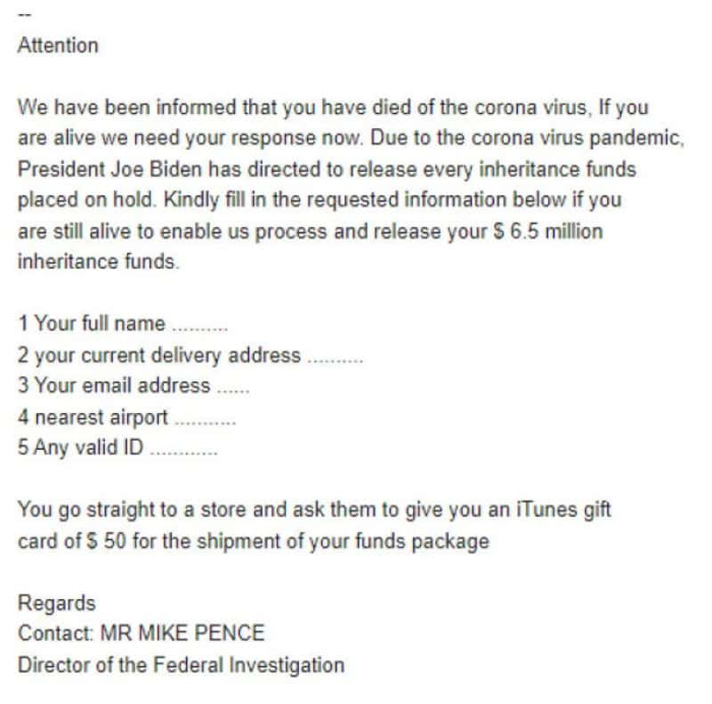 Fake scam message claiming to release inheritance funds from President Biden.
