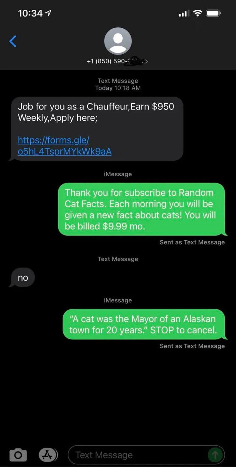 Text message conversation about a job offer and a subscription scam.